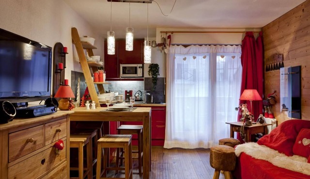 200m from ski lifts, 2nd floor, view street, balcony, parking, tv, ski locker, 26m²