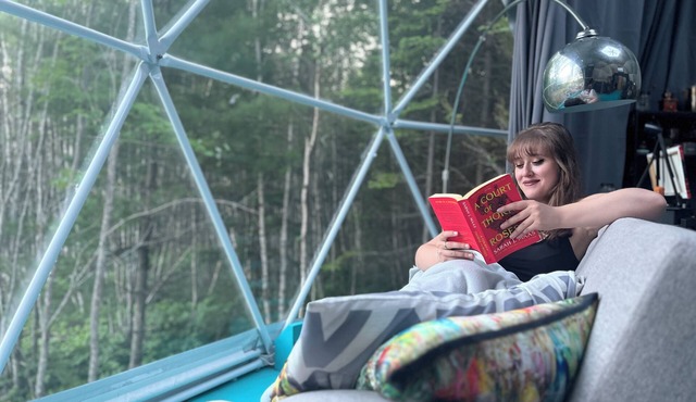 26ft Geodesic Dome nestled in the trees with hot tub and Grand Lake steps away.