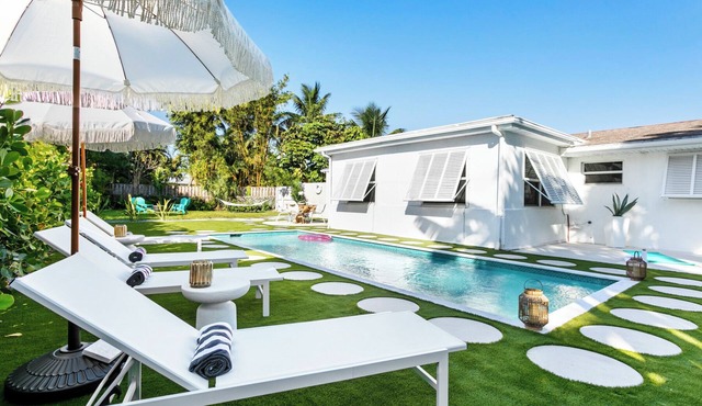 2miles 2 Beach-Heated SALT Pool backyard makeover- Mid century modern