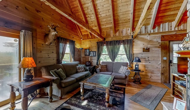3-story lakefront rustic cabin w/pool table, private hot tub, gas fireplace, A/C