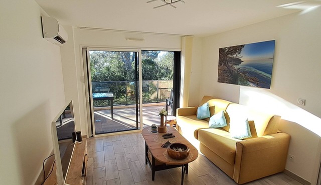 4* apartment 300m from the beach, air conditioning, terrace and swimming pool, 60 m2, 2 parking spaces