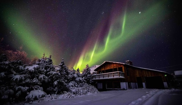 5 min walk to Flattop Trailhead! Aurora! Sauna! Amazing mountain views.