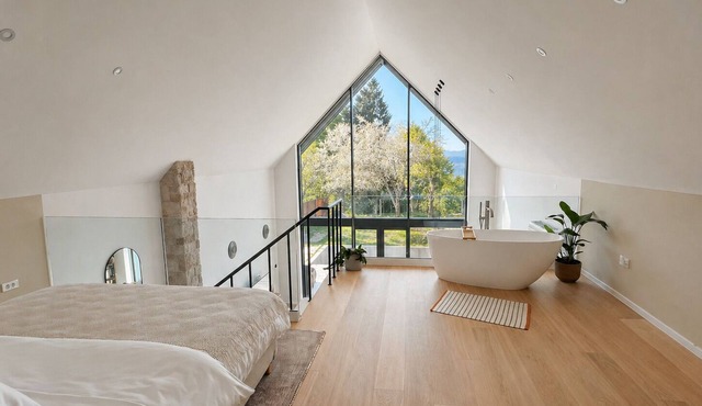 A-frame forest retreat with bathtub and nature view