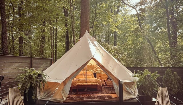 A luxurious glamping tent nestled in the trees.