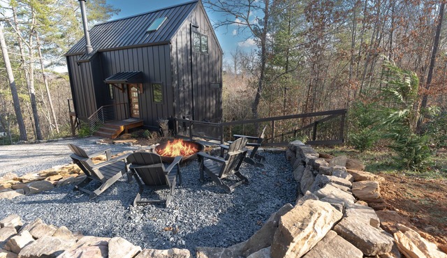 A Scandinavian 1BR/1BA cabin in the N Georgia mountains. Floor-to-ceiling windows open to peaceful winter forest views, a skylight invites star-filled nights from a king bed, stone firepit and a fenced yard makes it perfect for pups! Come escape.
