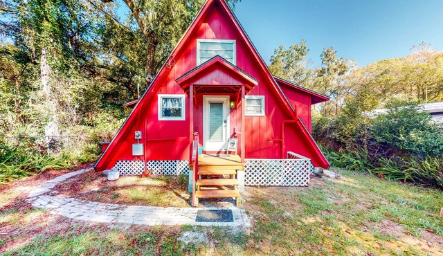 Adorable A-Frame with Riverfront Yard, Fishing Pier, & Firepit