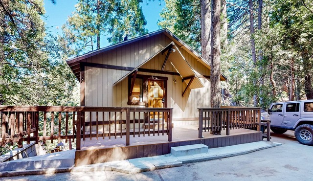 Alpine cabin with furnished deck, fireplace & inviting interior