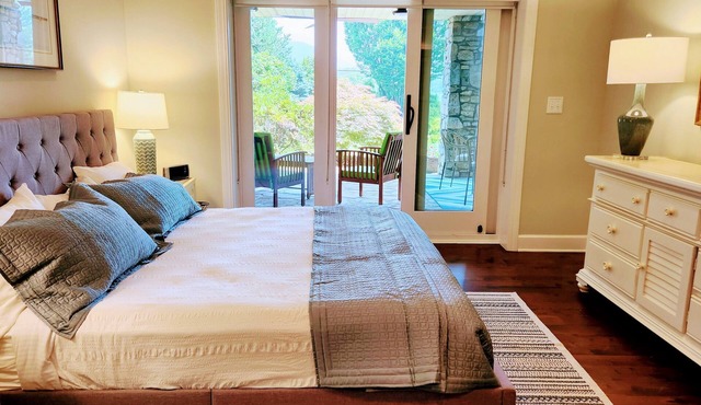 Asheville mountain and lake views! Fireplace, heated pool, patio. Pet friendly!