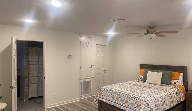 Baytown Hideaway Private Casita One Bedroom Living with Deck and Kitchen