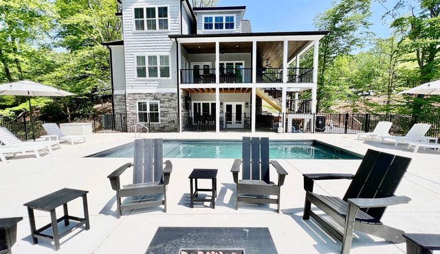 Beacon Pointe, New 7-Bed Lakefront Luxury w/Covered Decks + Heated Salt Water Pool, Hot Tub, Dock!
