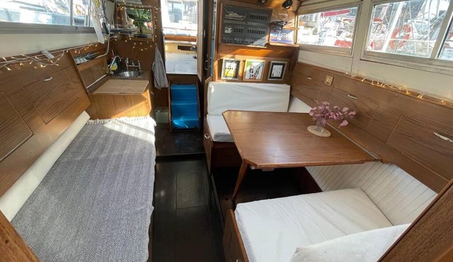 Beautiful 70s vintage yacht boat in Barcelona
