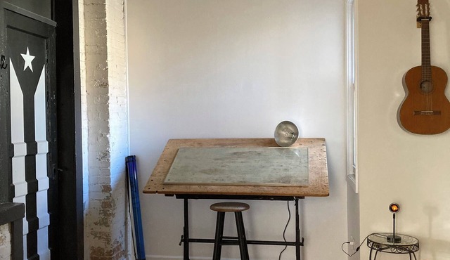 Beautiful artist loft immersed in art, plants, and a collection of books
