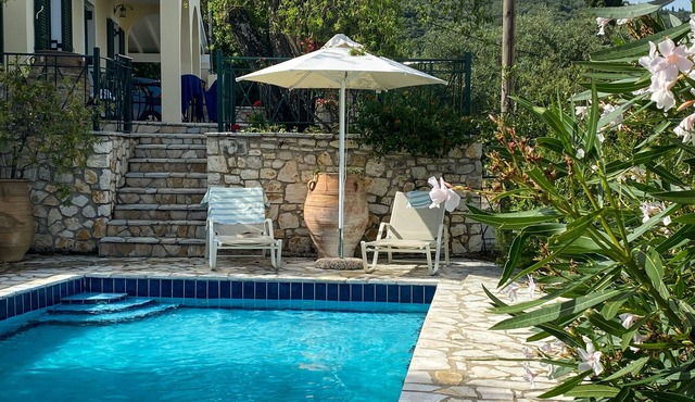 Beautiful Villa, short walk to Agni Beach, heated pool with stunning views