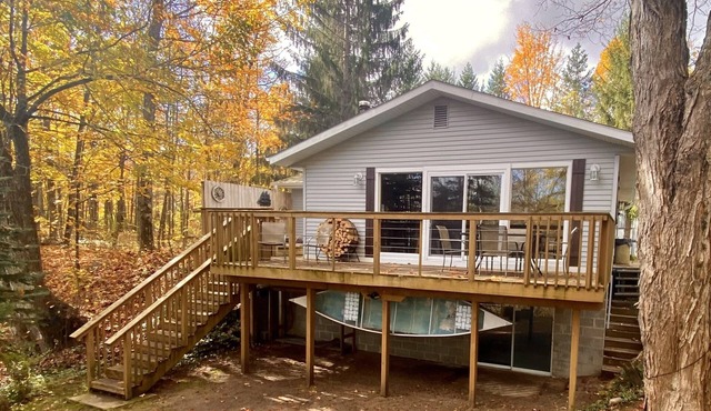 Betsie River Cabin - minutes from Crystal Mountain, Hot Tub, Canoe, Wi-Fi