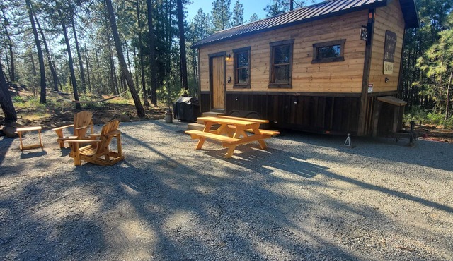 Bigfoot Bungalow themed tiny home cabin! WIFI! In the woods, 15 min from airport