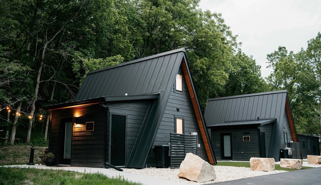 Birch A-frame cabin nestled on the Woods & Co Weddings + Events property