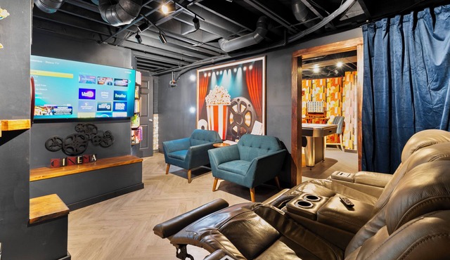 Blackstone District Family Friendly—Your Retro-Luxe Home w/Theater, Arcade & Bar