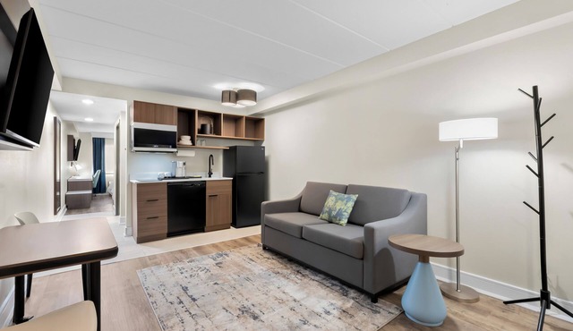 Boutique hotel offers modern amenities and upscale luxury suites with kitchens.