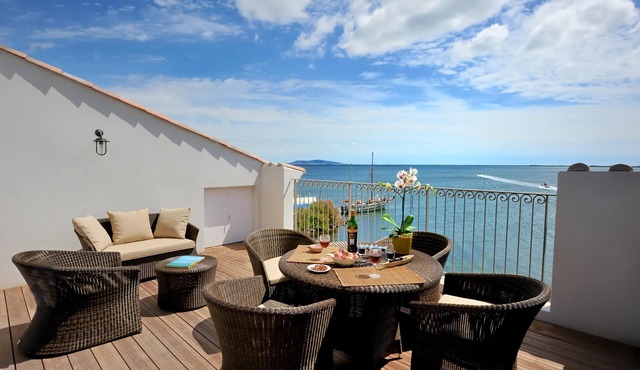 Breathtaking sea views from large private rooftop terrace at Port Rive Gauche