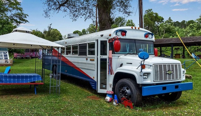 Buffalo Bills Themed School Bus Near Ellicottville Fire Pit Wi-Fi