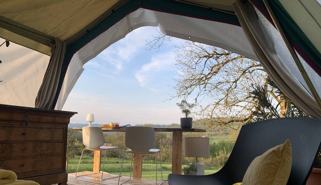 Cabin and tent set for outdoor family living