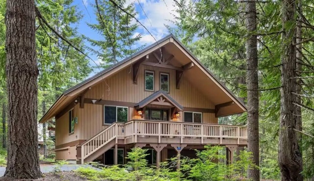 Cabin style lake house in the snowy mountains.