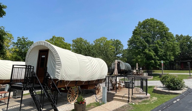 California Trail Wagon includes 1 king bed, bathroom w/shower, heat & a/c, smart tv, wi-fi, microwa