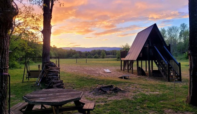 Camp under Blue Ridge Mtn sky river A Frame Cabin