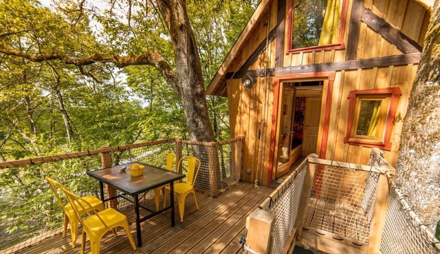 Cartoon hut with spa in the trees