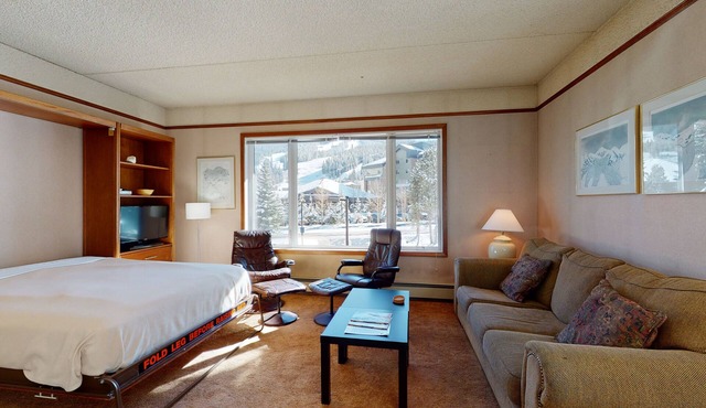 Casual ski studio with mountain views and shared hot tub - close to ski lifts