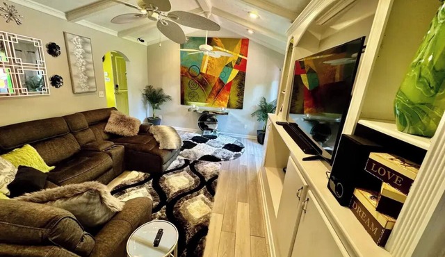 Charming 3-bedroom private oasis with pool. Awesome game room for all ages.