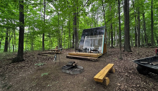 Charming A-frame cabin set in the woods overlooking deep wooded ravines.