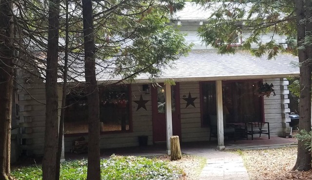 Charming cedar log cabin nestled in the woods, footsteps from Rowley's Bay