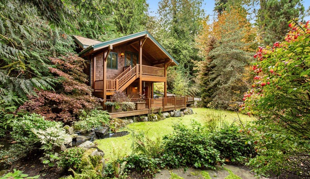 Charming secluded studio with mountain view, fast WiFi, fireplace, large deck