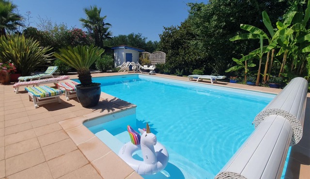 Charming villa with heated pool in lush greenery 15 km from the beach