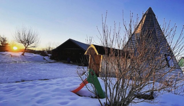 Comfortable wooden tepee in a small Jura village near our horses.