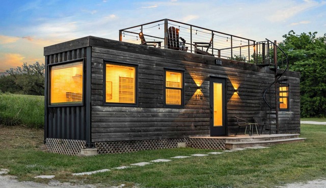 Container home with rooftop views and pickleball