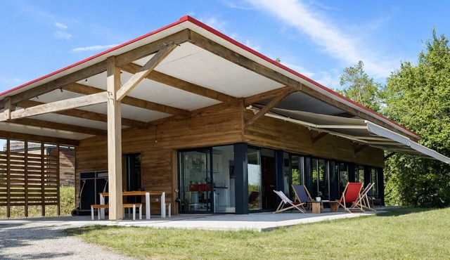 Contemporary wooden house with swimming pool