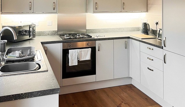 Contemporary lodge with one master double with flatscreen TV and en suite shower/W.