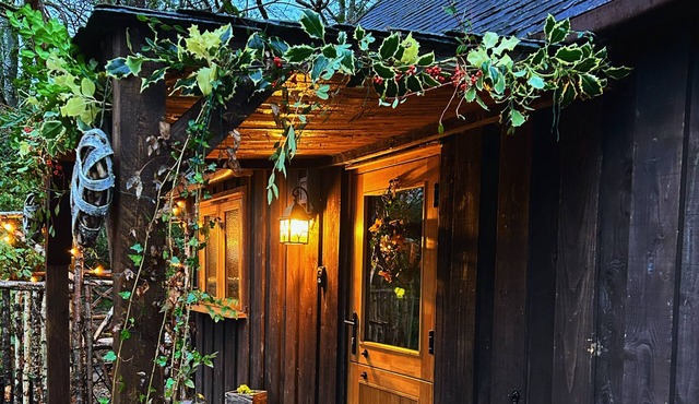 Cosy cabin overlooking River Mar with private magical woodland garden.