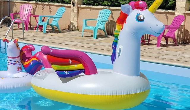 Country cottage surrounded by horses with swimming pool