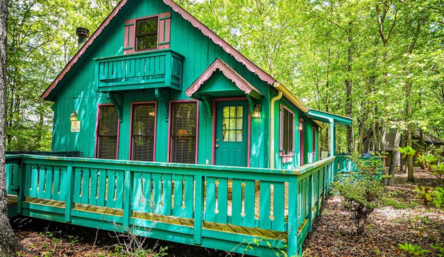 Cozy cottage nestled in the woods.