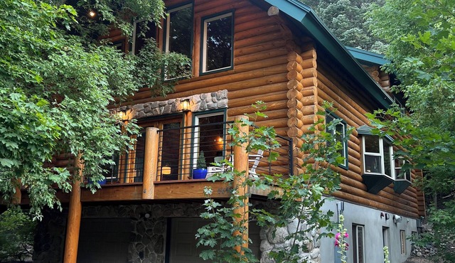 Cozy log cabin secluded in a mountain forest with hot tub, sauna, private patio.