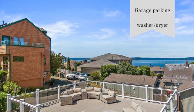 Cozy Old Town condo | Bay Views + Garage + Patio | Steps to Ruston Way!