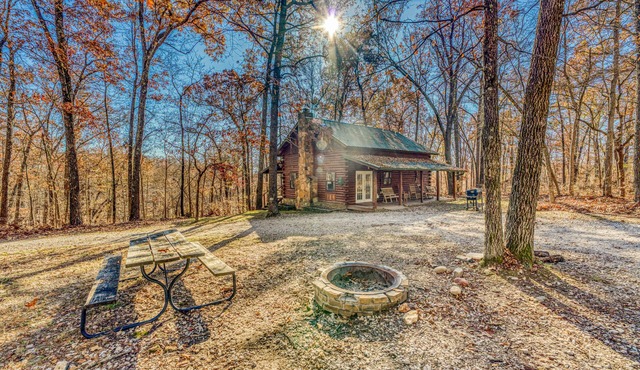 Cozy, rustic Buffalo River log cabin with indoor/outdoor firepit. Sleeps 10!