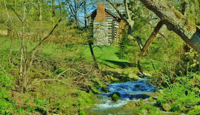Creekside historic log cabin with all modern amenities at historic Wade's Mill