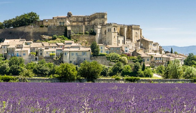Cypress trees by the church, charming village house