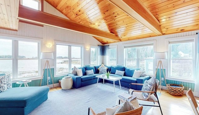 Dazzling ocean-view house with fireplace, deck, firepit, central AC, & W/D