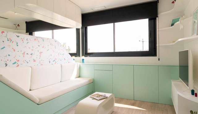 Design flat for 2 people with communal swimming pool and gym.