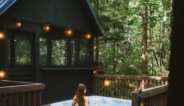 Designer A-Frame · Forest Hot Tub · Fire Pit
